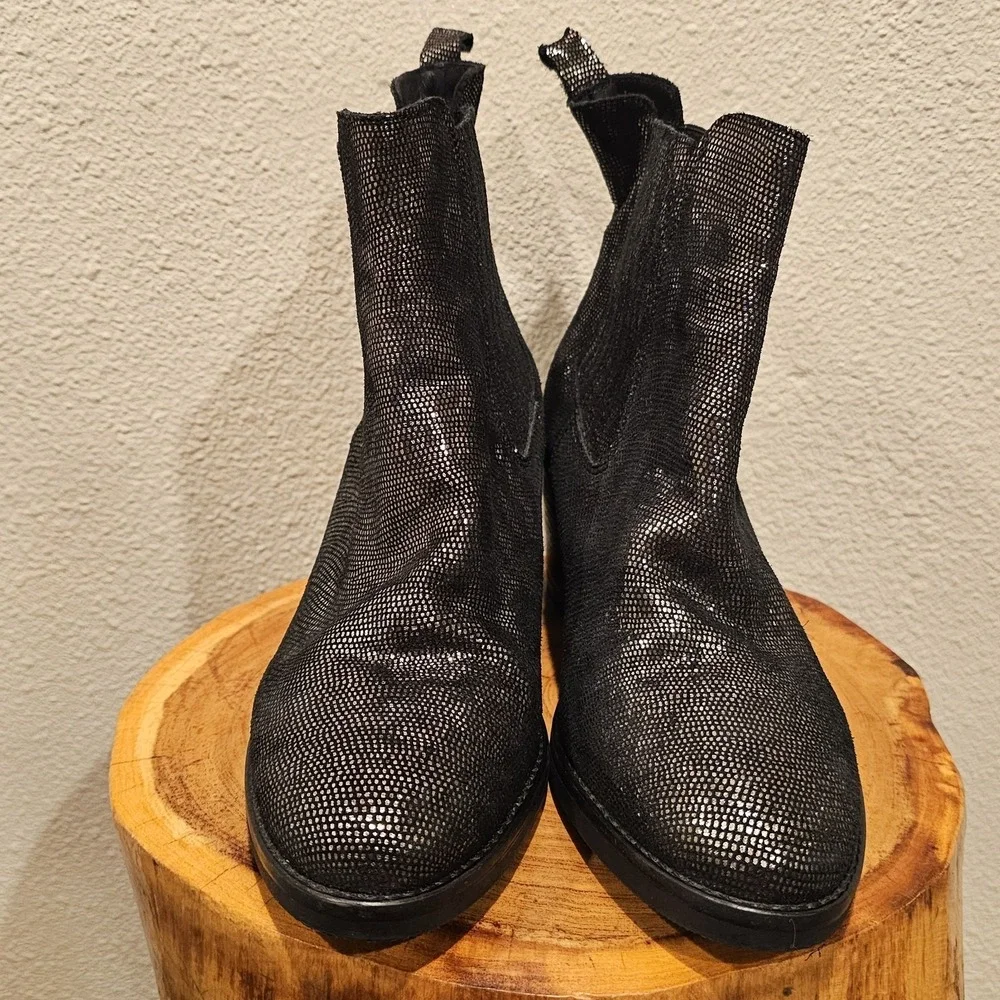 Morena Gabrielli Black Metallic Snakeskin Ankle Boots Block Heel Anthropologie 7